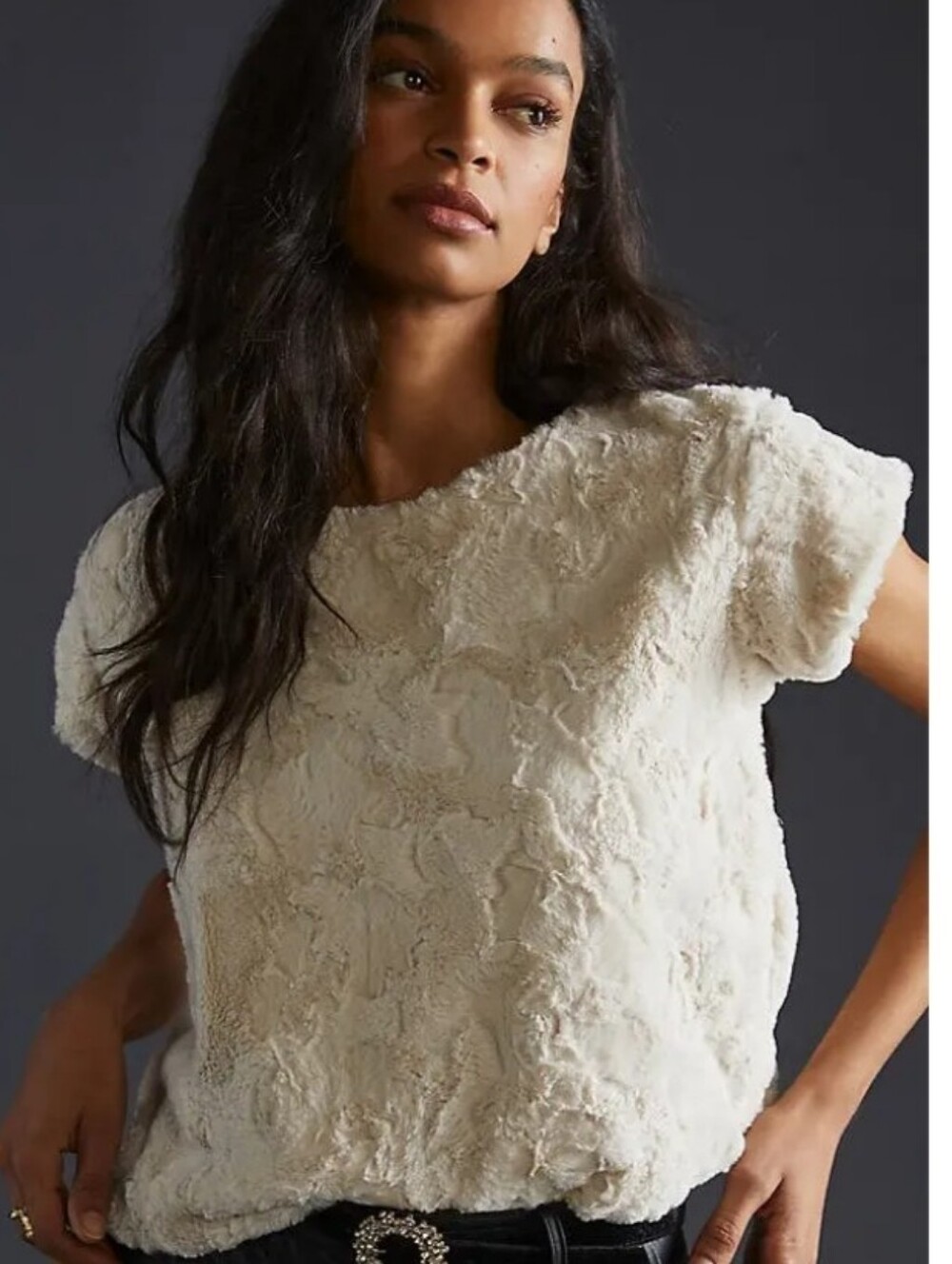 Anthropologie MAEVE Soft Cream Faux Fur Top Large
